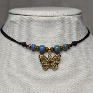 Butterfly Stainless Charm Ceramic Beaded Blue Gold Boho Y2K Choker Necklace